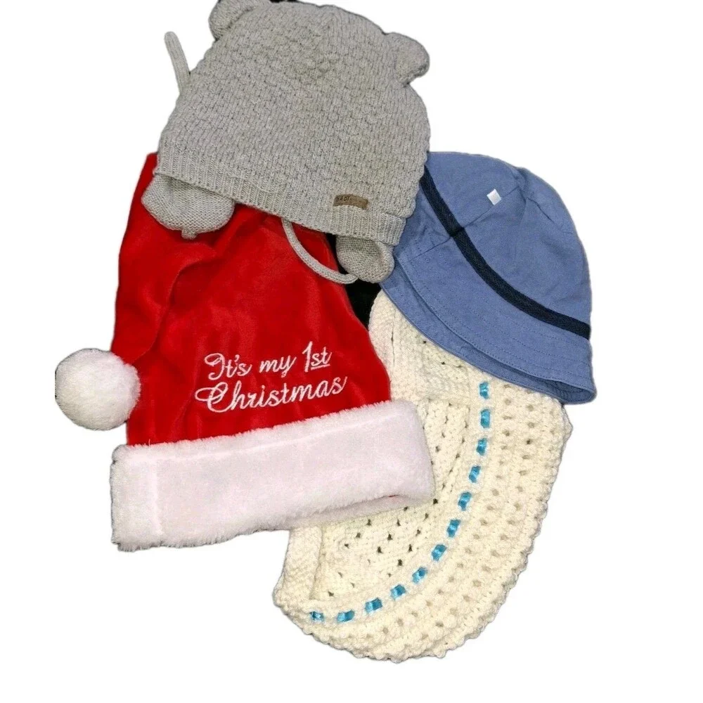 Baby Boy Hats Mixed Lot Of 4 Bucket Santa Bear Bonnet Aprox 9 Months Photo Props
